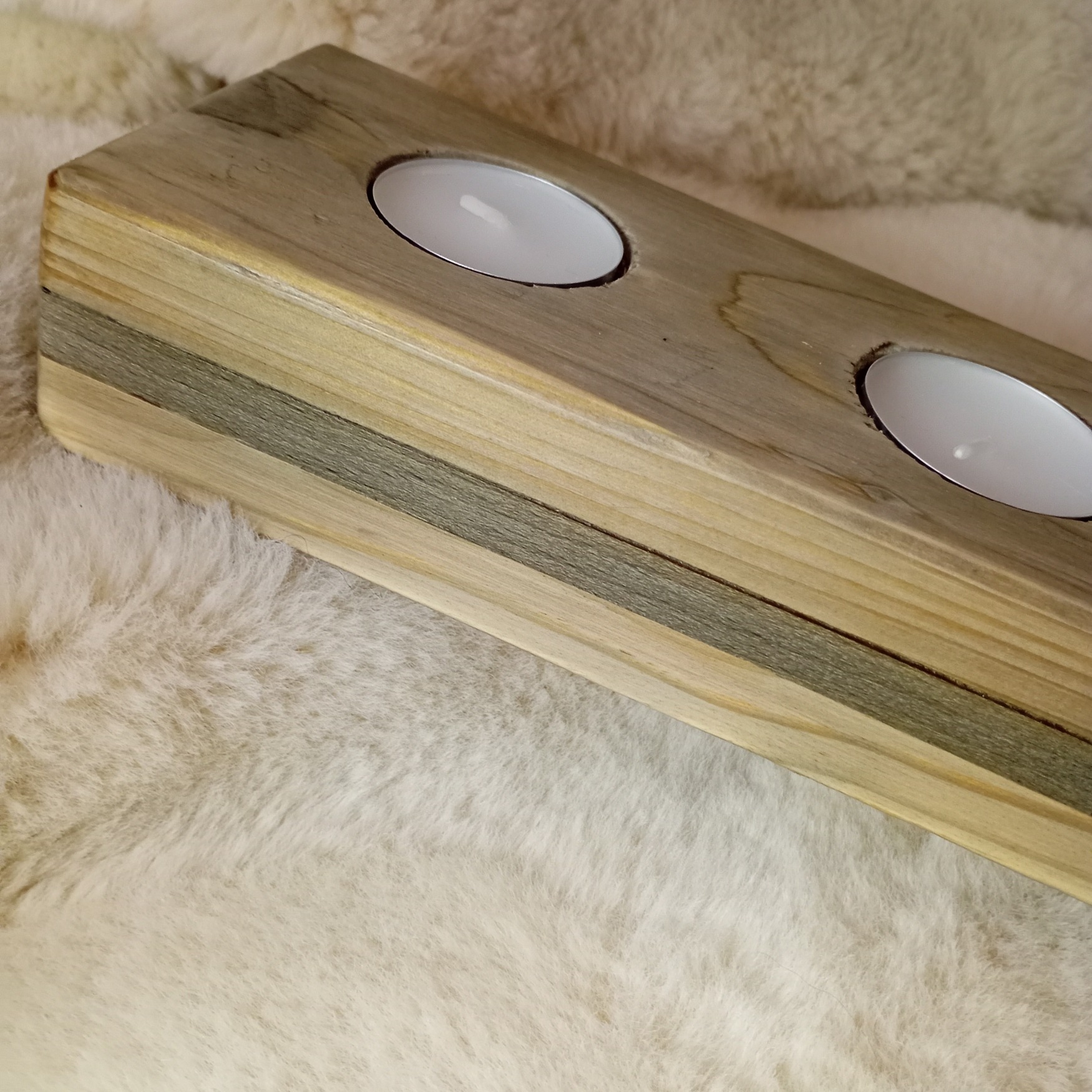 bougeoir en pin et châtaignier 3 bougies chauffe-plat zoom